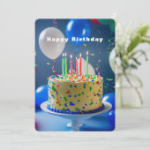 ハッピーバースデーケーキブルーホワイトバルーン カード (スタンド正面)