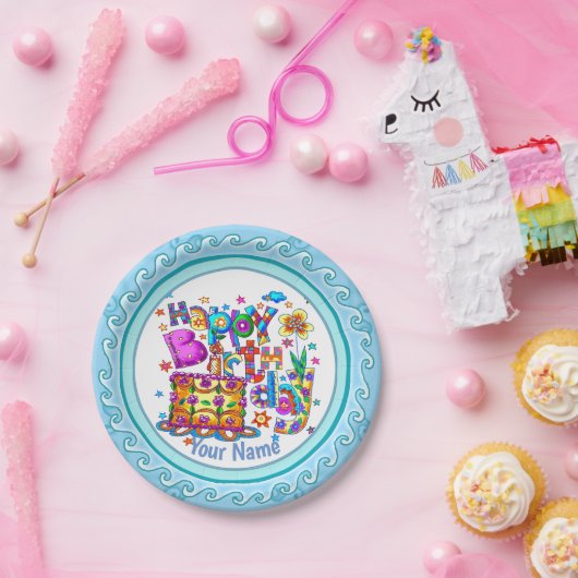 ハッピーバースデーケーキ名前をカスタムするプレート ペーパープレート (パーティー)