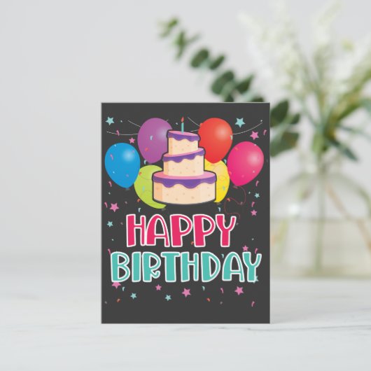 ハッピーバースデーケーキ風船お祝いコンフェッティ ポストカード (スタンド正面)