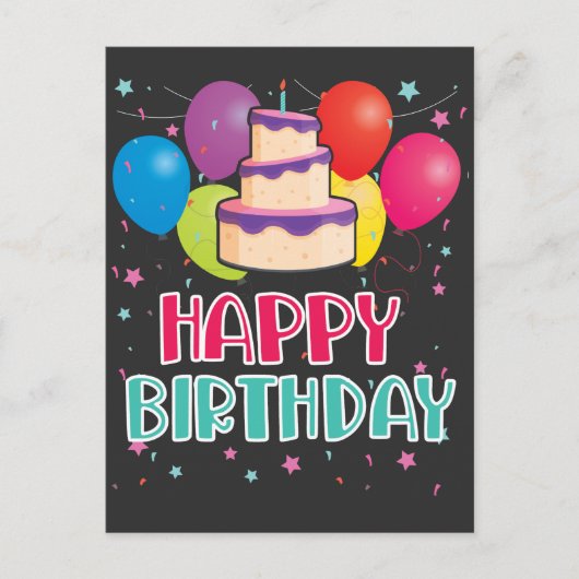 ハッピーバースデーケーキ風船お祝いコンフェッティ ポストカード (正面)