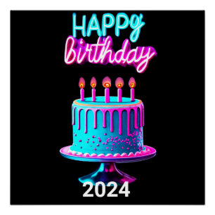 ハッピーバースデーケーキ2024日パーティーカスタムネオン ポスター