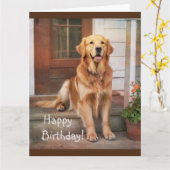 ハッピーバースデーゴールデンレトリバーのグリーティングカード カード (黄色い花)