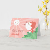 ハッピーバースデーサンキュート漫画バードガール カード (黄色い花)