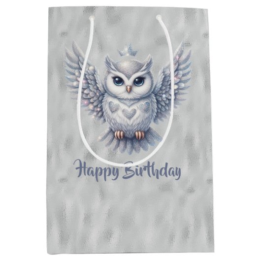 ハッピーバースデーシルバーフクロウオングレー ミディアムペーパーバッグ (正面)