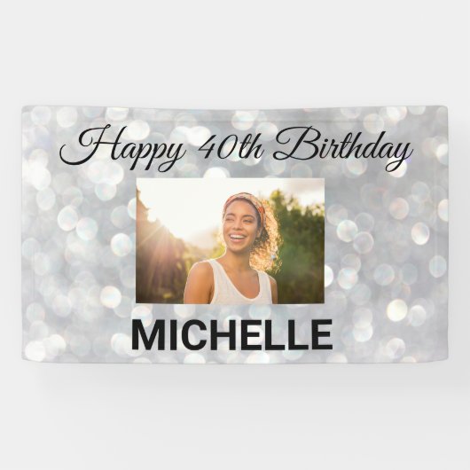 ハッピーバースデーシルバー写真任意の年カスタム間 横断幕 (横)