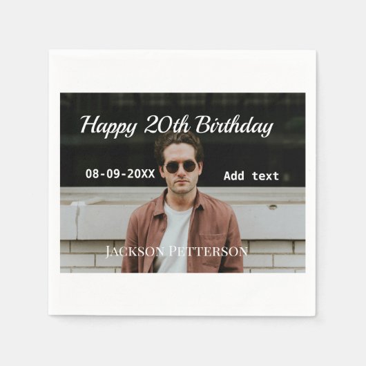 ハッピーバースデーシンプルタ20歳の写真の追加モダン日 スタンダードカクテルナプキン (正面)