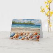 ハッピーバースデーシーシェルズオンサンディトロピカルビーチ カード (黄色い花)