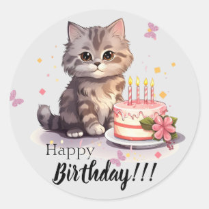 ハッピーバースデーシールかわいい子猫とケーキ ラウンドシール