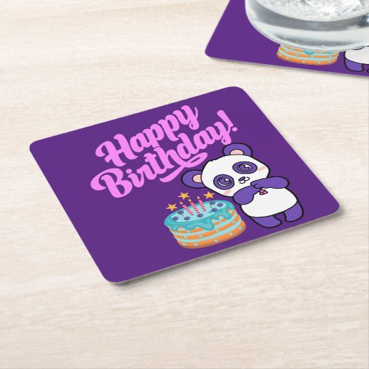 ハッピーバースデースウィートパープルパンダ スクエアペーパーコースター (アングル)