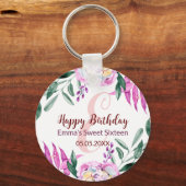 ハッピーバースデースウィート16パーティー好意ピンクフローラ キーホルダー (正面)