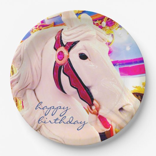 ハッピーバースデースクリプトカーニバル回転木馬馬はっきりした ペーパープレート (正面)