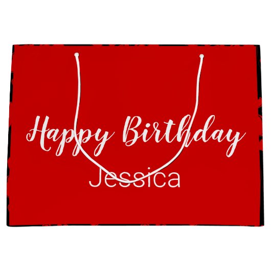 ハッピーバースデースクリプトブラックと赤いハート ラージペーパーバッグ (正面)