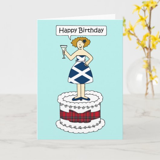 ハッピーバースデースコティッシュフラッグドレスとタータンチェックボウ カード (黄色い花)