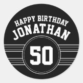ハッピーバースデースストライプポーツの年齢白黒付き ラウンドシール (正面)