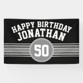 ハッピーバースデースストライプポーツエイジブラックシルバー 横断幕 (横)