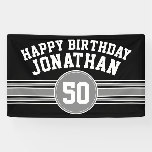 ハッピーバースデースストライプポーツエイジブラックシルバー 横断幕 (横)