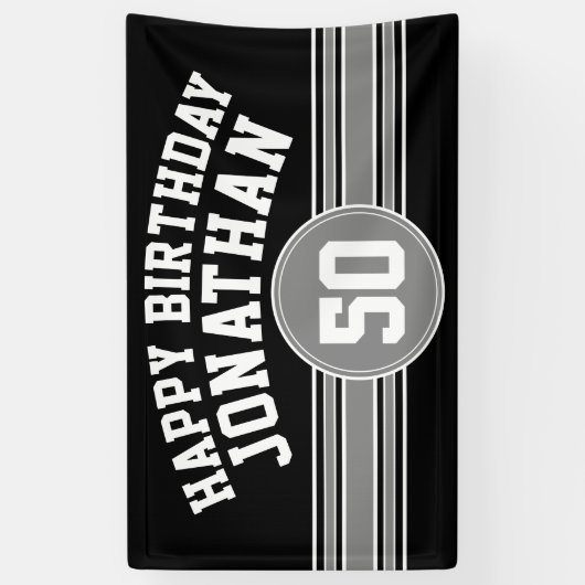 ハッピーバースデースストライプポーツエイジブラックシルバー 横断幕 (縦)