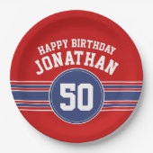 ハッピーバースデースストライプポーツ年齢 – 赤青 ペーパープレート (正面)