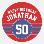 ハッピーバースデースストライプポーツ年齢 – 赤青 ラウンドシール (正面)