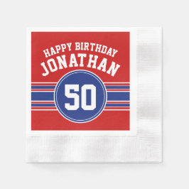 ハッピーバースデースストライプポーツ年齢 – 赤青 縁ありカクテルナプキン