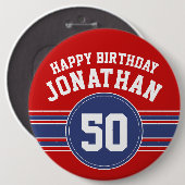 ハッピーバースデースストライプポーツ年齢 – 赤青 缶バッジ (正面&裏面)