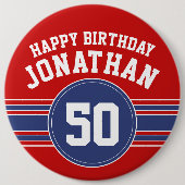ハッピーバースデースストライプポーツ年齢 – 赤青 缶バッジ (正面)