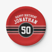 ハッピーバースデースストライプポーツ年齢 – 赤黒 ペーパープレート (正面)