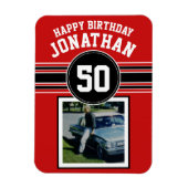 ハッピーバースデースストライプポーツ年齢 – 赤黒 マグネット (縦)