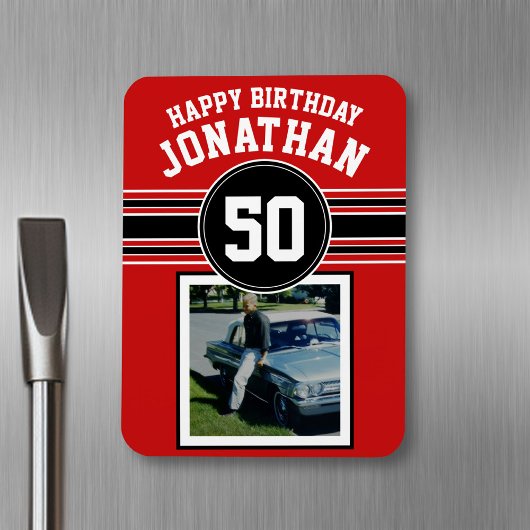 ハッピーバースデースストライプポーツ年齢 – 赤黒 マグネット