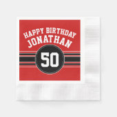 ハッピーバースデースストライプポーツ年齢 – 赤黒 縁ありカクテルナプキン (正面)