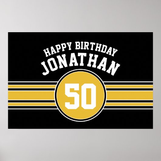 ハッピーバースデースストライプポーツ金ゴールドブラック ポスター (正面)