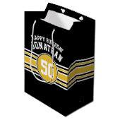 ハッピーバースデースストライプポーツ金ゴールドブラック ミディアムペーパーバッグ (正面アングル)