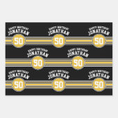 ハッピーバースデースストライプポーツ金ゴールドブラック ラッピングペーパーシート (正面)