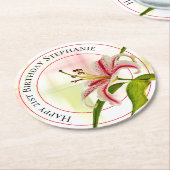 ハッピーバースデースターガザーリリー花の写真 ラウンドペーパーコースター (アングル)