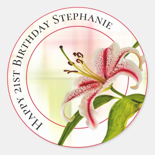 ハッピーバースデースターガーザーリリー花の写真 ラウンドシール (正面)
