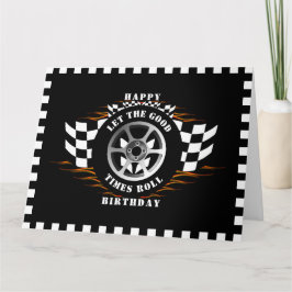 ハッピーバースデースポーツカーレーシング市松模様にフラグ カード