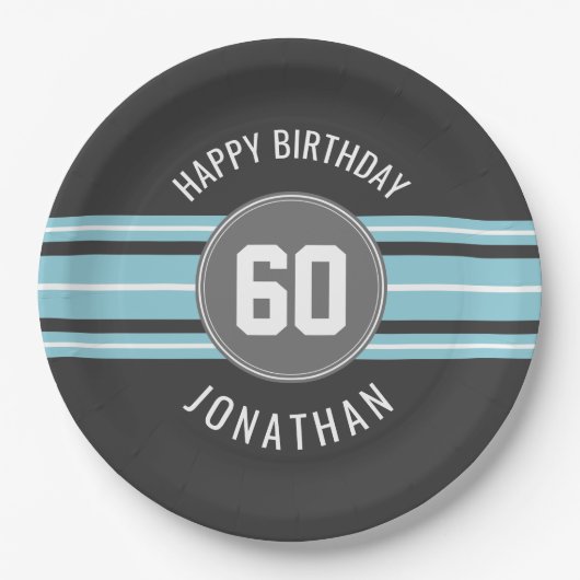 ハッピーバースデースポーツストライプジャージーの名前と年齢 ペーパープレート (正面)
