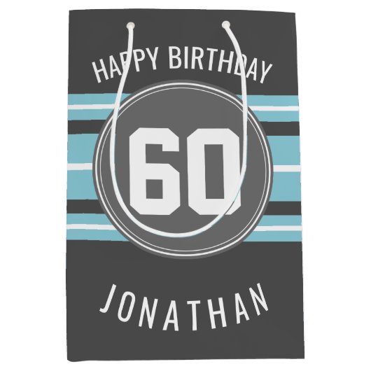 ハッピーバースデースポーツストライプジャージーの名前と年齢 ミディアムペーパーバッグ (正面)