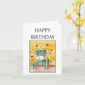 ハッピーバースデースリープフォークアートキャットプリント カード (黄色い花)