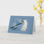 ハッピーバースデーソン航空飛んでいる機逆向き カード (黄色い花)