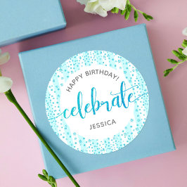 ハッピーバースデーターコイズグリッターホワイトストライプズ ラウンドシール