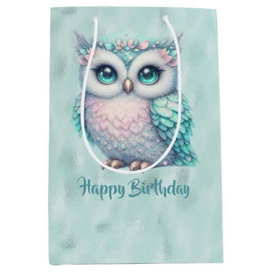 ハッピーバースデーターコイズフクロウオンシャイニーアクア ミディアムペーパーバッグ (正面)