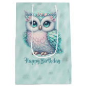 ハッピーバースデーターコイズフクロウオンシャイニーアクア ミディアムペーパーバッグ (裏面)
