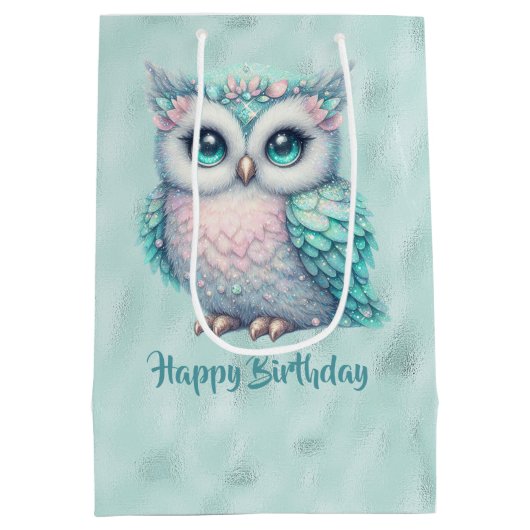 ハッピーバースデーターコイズフクロウオンシャイニーアクア ミディアムペーパーバッグ (裏面)