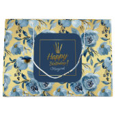 ハッピーバースデーダスティブルー金ゴールドフローラ名 ラージペーパーバッグ (正面)