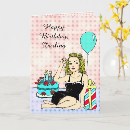 ハッピーバースデーダーリング、レトロレディピンナップ カード (黄色い花)