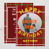 ハッピーバースデーチェックプレイドバースデーパーティーイベント 招待状 (正面/裏面)