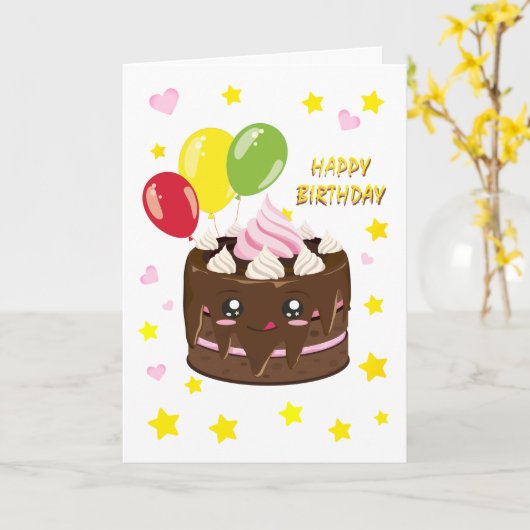 ハッピーバースデーチョコレートケーキ,かわいい カード (黄色い花)