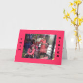 ハッピーバースデーツイン姉妹マネキンが「ショップ!」と言う カード (黄色い花)