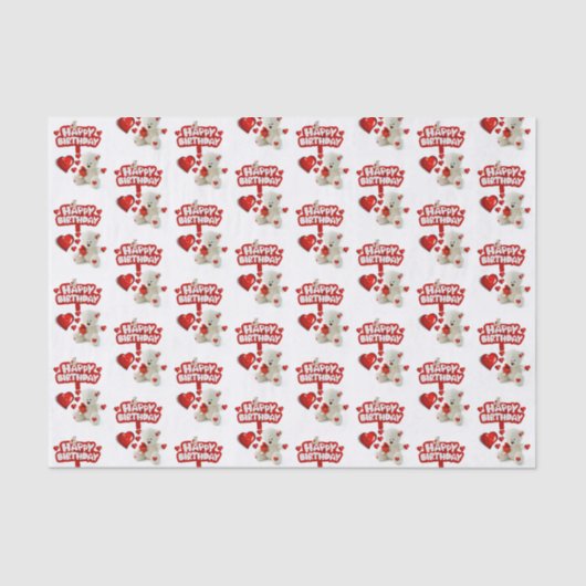 ハッピーバースデーティッシュペーパーホワイトテディベア 薄葉紙 (正面)